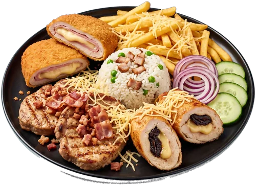 A Sziget tál 2 főre egy nagy fekete tálon: cordon bleu, szalonnás karaj, töltött csirkemell, rizs, hasábburgonya (AI-illusztráció a Sziget ételei alapján)