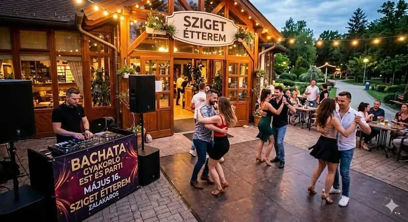 Esti terasz fényfüzérekkel és a „Sziget Étterem” táblával, táncoló vendégekkel