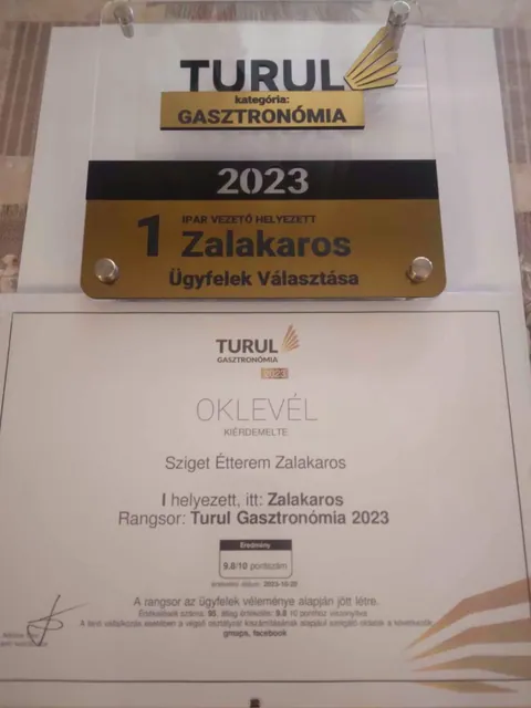 A Turul Gasztronómia 2023-as oklevele: 1. helyezett, Zalakaros, Ügyfelek Választása, 9,8/10